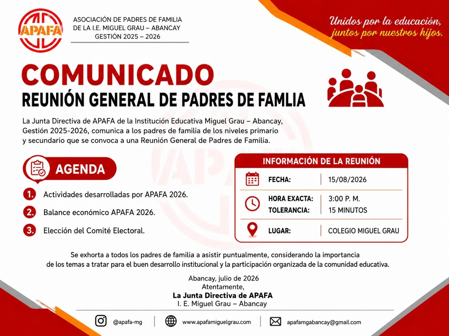 Comunicado APAFA: Reunión General de Padres de Familia, 15 de agosto de 2026, 3:00 p.m., Colegio Miguel Grau